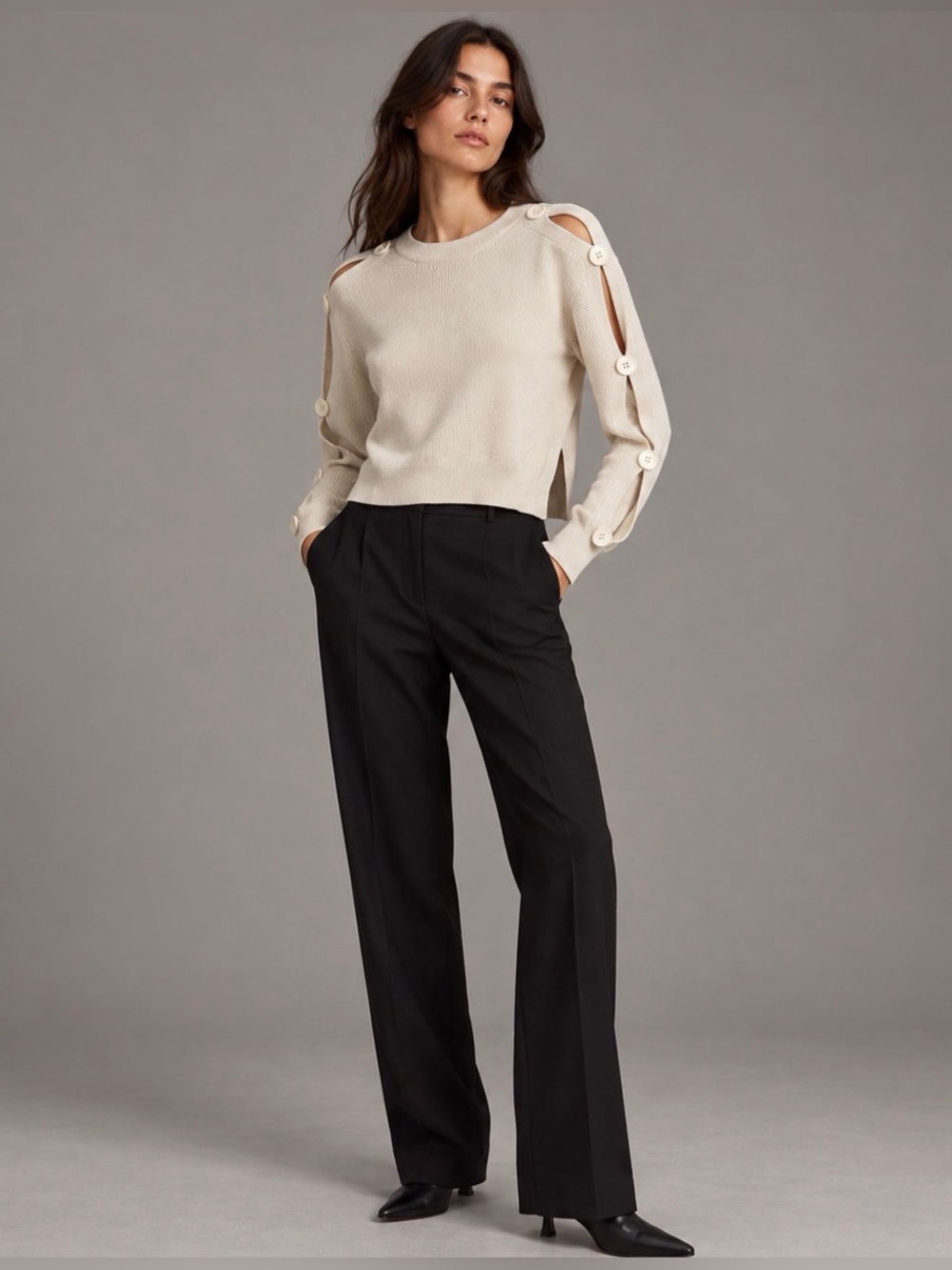 Helmut Lang Medium Ivory Cotton Cashmere Sweater Button Sleeve Cutout Cropped M